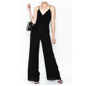 Black wide-leg spaghetti strap v-neck Jumpsuit with belt